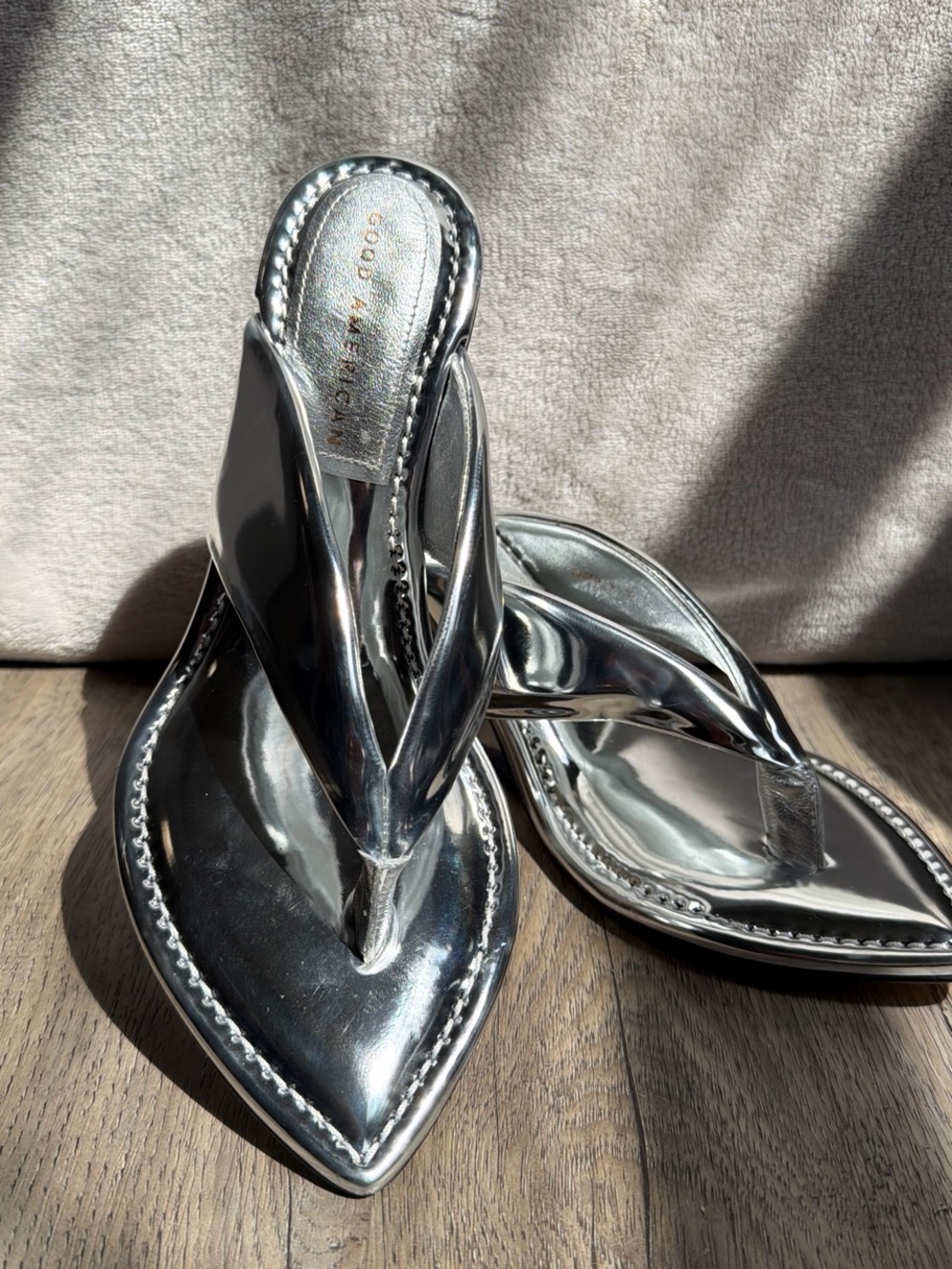 Good American Silver Chrome Thong Mule Heels Y2K
